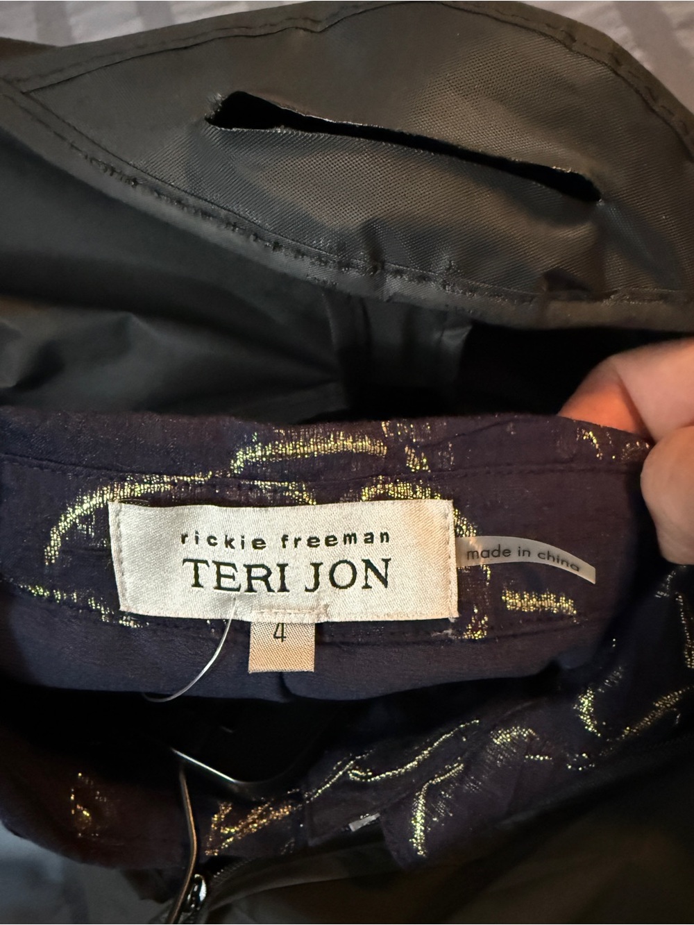 Teri Jon Navy and Gold Jacquard Shirt Waist Dress with Floral Embroidery - Picture 6 of 8